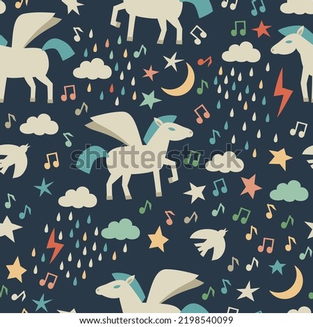 Seamless pattern with stars and flying pegasus. Rainy sky wallpaper. Cute rainy clouds, pegasus and stars on dark blue sky. Vector illustration.