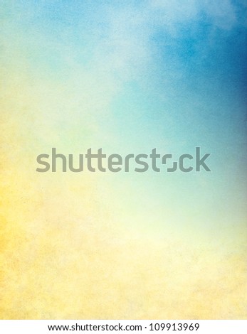 Clouds, mist and fog with vintage paper grain, textures, and grunge stains.  Image displays a yellow to blue gradient.