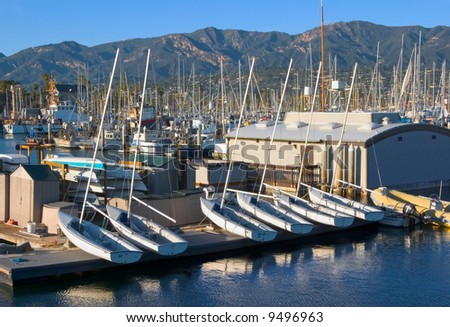 A group of identical sailboats from a sailing school in Santa Barbara, California.