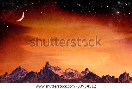 A mountain range at sunset with a crescent moon and stars.  The sky has a vintage paper texture and grain.