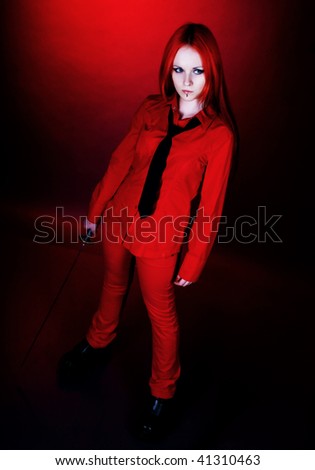 Girl in a red suit with a Japanese sword. very sad