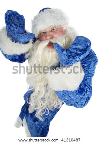 Santa Claus contorts funny mug on a white background