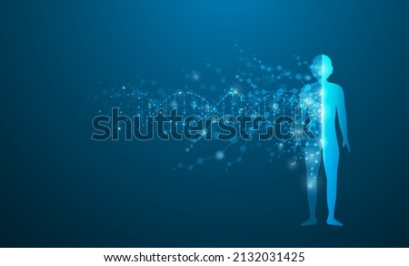 Concept of fusion of DNA and physical network molecules. human body connection, futuristic blue background