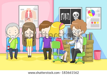 physician doctor or pediatrician pediatrist is examining group of children from school with cold flu infection - Cartoon Image Of Children physician doctor or pediatrician pediatrist is examining group of children from school with cold flu infection - Cartoon Image Of Children