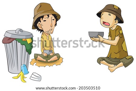 Poor cartoon male beggar beside the slum trashcan bin icon collection set, create by vector