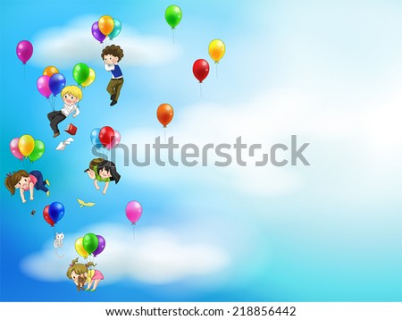 Cute cartoon people and children floating in the sky with balloons background, create by vector