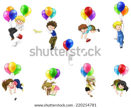Cute cartoon people and children and pet cat floating in the sky with balloons icon set in isolated background, create by vector