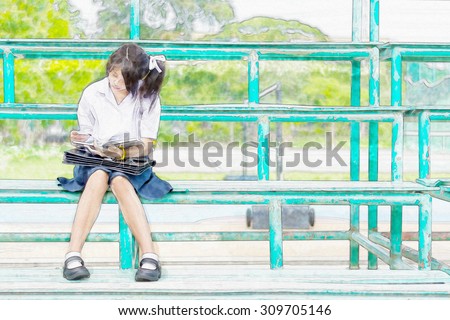 Watercolor illustration sketch drawing of cute Asian Thai schoolgirl student in uniform is sitting and reading on a metal stand reading books