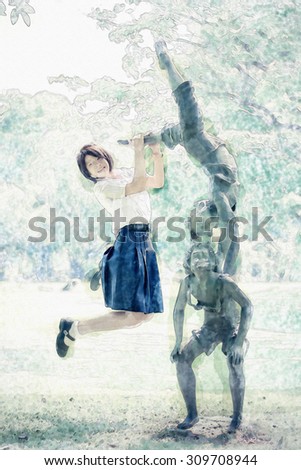 Watercolor illustration of cute Asian Thai schoolgirl student in high school uniform is jumping with a statue in the park in summer atmosphere