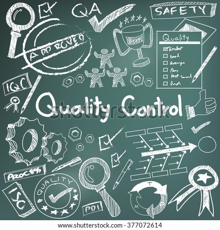 Quality control in manufacturing industry production and operation doodle sketch design tools sign and symbol in isolated background paper for engineering management education presentation (vector)