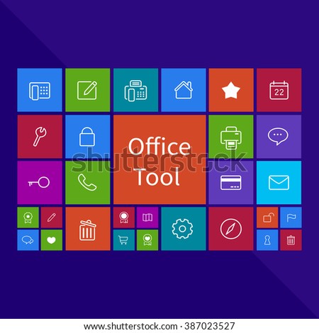 Trendy computer or mobile application app program of flat business and office administration tool icon in colorful geometric square block window background, create by vector