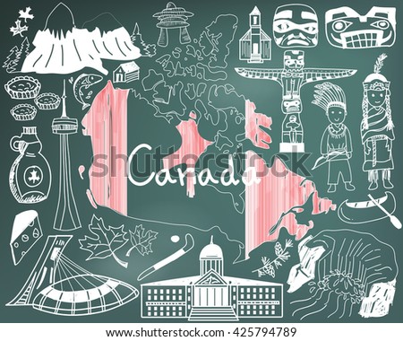 Travel to Canada doodle drawing icon with culture, costume, landmark and cuisine tourism concept in blackboard background, create by vector  