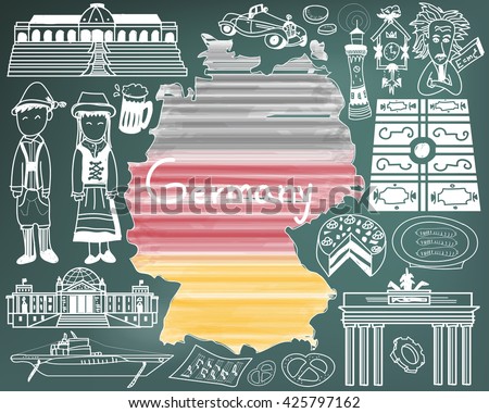 Travel to Germany doodle drawing icon with culture, costume, landmark and cuisine tourism concept in blackboard background, create by vector  
