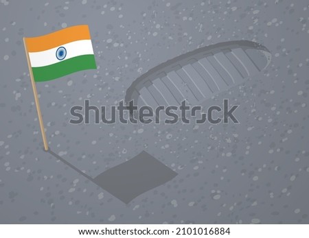 Astronaut boot footprint and Indian flag on Moon surface. First foot print of man in space. Vector cartoon flag of India and spaceman step trace on alien planet sand. Track of cosmonaut shoe