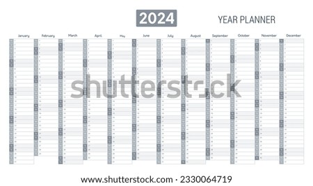 Annual planner, 2024 year wall calendar for monthly and daily agenda. Blank gray planner template with twelve months, vector illustration