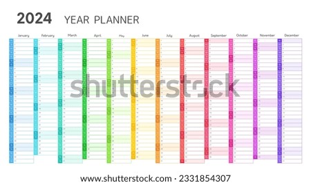 Year planner, 2024 wall calendar for monthly and daily agenda. Planner template with twelve months in rainbow colors, vector illustration