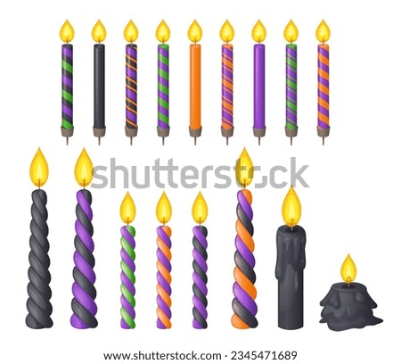 3d wax candles for Halloween and birthday party. Burning candlelights from twisted wax sticks with fire for cakes and holiday celebration, vector cartoon set isolated on white background