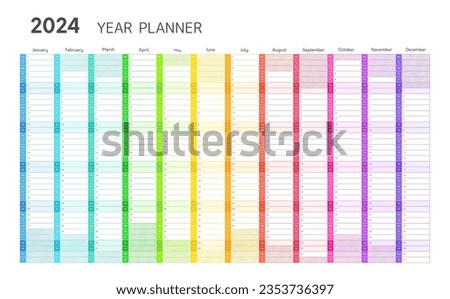 2024 year planner, wall calendar for daily and monthly agenda. Year planner template with twelve months vertical grid in rainbow colors, vector illustration