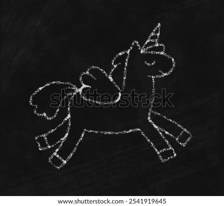 Cute doodle unicorn on blackboard with chalk texture. Old school black board background with white hand drawn chalk unicorn. Fantasy magic pony with horn drawn with crayon pencil, vector illustration