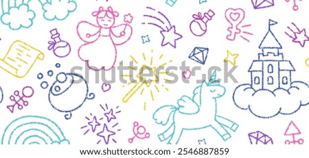 Childish seamless pattern with crayon drawn cute fairy, unicorn, rainbow and castle. Kids hand drawn background with color doodle magic elements, vector illustration