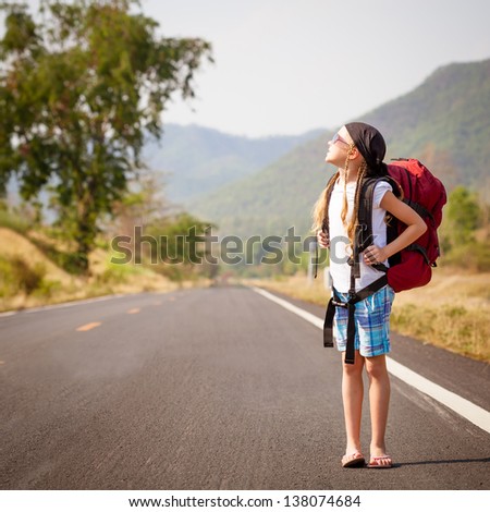 Little Girl With Backpack Walking On The Road Stock Photo 138074684 ...