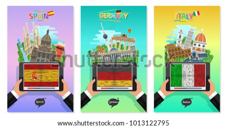 Concept of travel to Spain, Germany and Italy or studying Spanish, German, Italian. Male hands holding a tablet with landmarks and flags on the tablet screen. Flat design, vector illustration