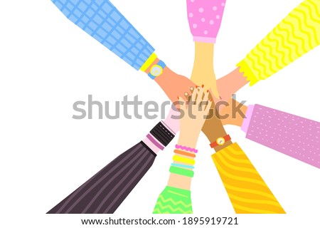 Concept of team work. Friends with stack of hands showing unity and teamwork, top view. People putting their hands together. Flat design, vector illustration.