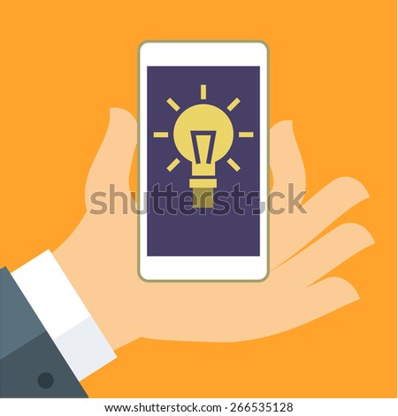Concept of idea. The hand holding the Smartphone with a light bulb. Flat vector illustration
