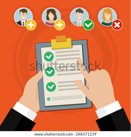 Flat design vector business illustration concept Candidate qualification job interview and check list.