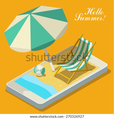 Vacation with mobile phone concept. Touch screen smart phone with different accessories for vacation. Flat style vector illustration
