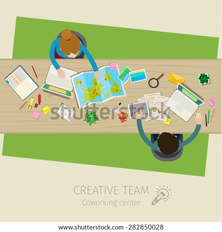 Concept of creative teamwork. Business meeting and brainstorming. Flat design, vector illustration