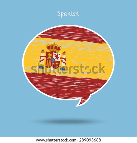 Concept of travel or studying Spanish. Speech bubble with hand drawn Spanish flag. Flat design, vector illustration