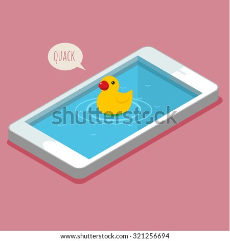 Concept of selfie and duck face. Rubber bath duck swims in the smartphone. Flat design