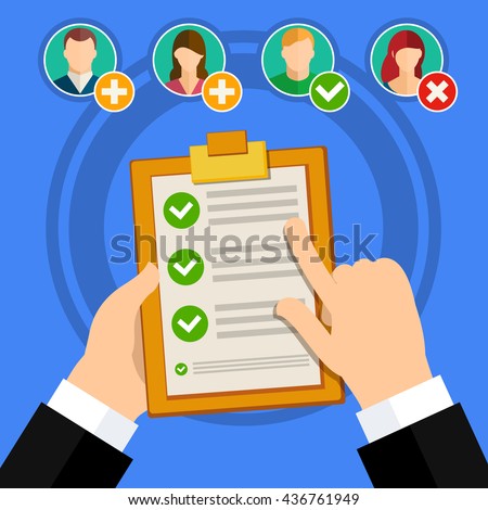 Flat design vector business illustration concept Candidate qualification job interview and check list.