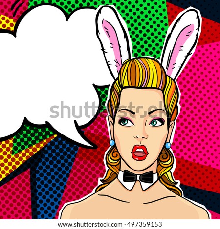 Confused or surprised woman face in pop art comics style with Bunny ears. Playboy blonde.