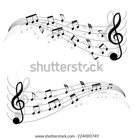 Two little black musical notes on moving chords. Music notes express melody and tones flow on isolated white background vector illustration.