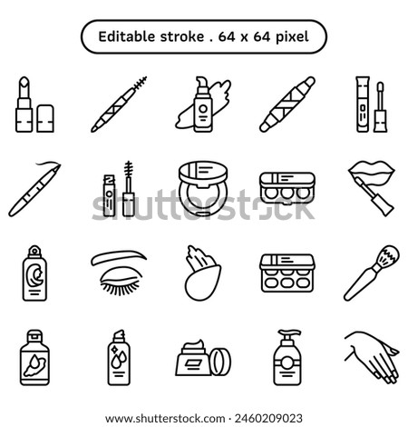 Cosmetic and makeup vector icon set in an outline or line style volume1. A collection such as lotion moisturizer, makeup remover, mascara, and mineral water spray. Human made editable stroke icon.