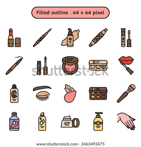 Cosmetic and makeup vector icon set in a filled outline style volume1. A collection such as lotion moisturizer, makeup remover, mascara, and mineral water spray. Human made 64x64 pixels icon.