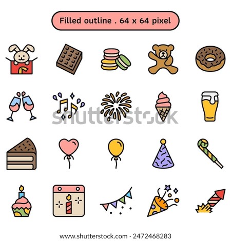 Birthday party celebration and festival vector icon set in a filled outline style. Collections such as beer glass, anniversary calendar, bear doll, and wine glass. Human made 64x64 pixels icon.