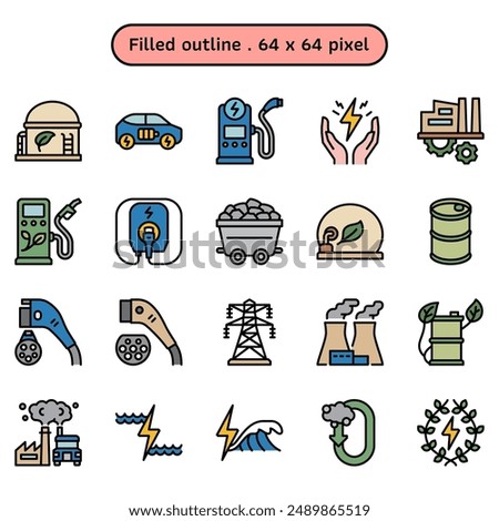 Green technology vector icon set in a filled outline style volume2. A collection such as bioenergy, biomass, power plants, and biogas storage. Human made 64x64 pixels.