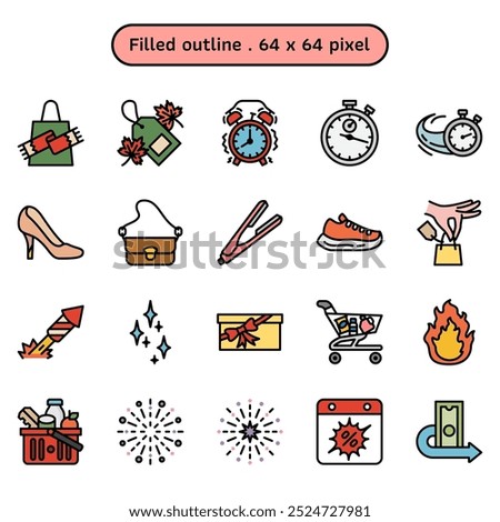 Decoration for offer promotion to sale volume2 vector icon set in a filled outline style. A collection such as winter sale, shopping seasonal, alarm clock, and stopwatch. Human made 64x64 pixels.