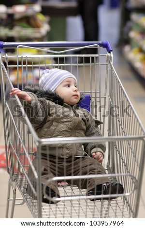 The child in a shopping cart at market