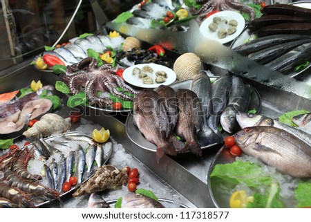 The seafood in fish market, Rhodes, Greece