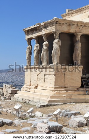 Sculpture of Erechtheum ancient Greek temple at acropolis of Athens, Greece