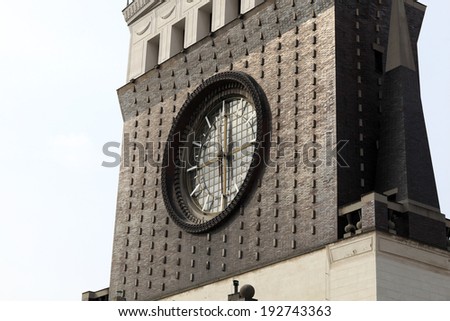 Clock tower of church of the Sacred Heart in Prague