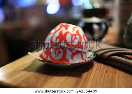 Two tea cups on a table in the asian restaurant