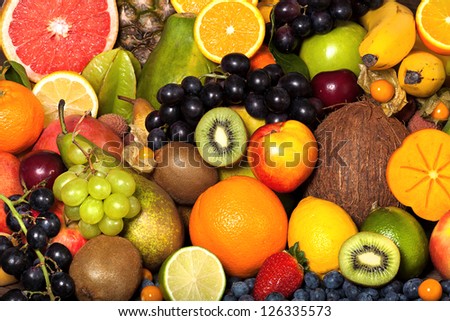 Similar – Image, Stock Photo Red fruits selection with watermelon, pomegranate, strawberries and raspberries at bright background