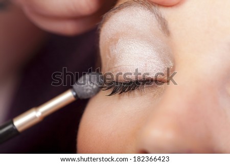 Macro shot of a beautician applying eye shadow on the Eyelid