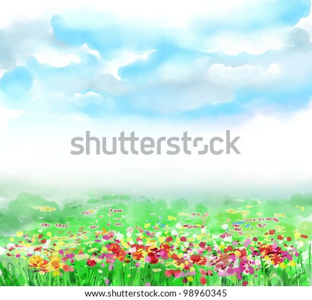 Sky, clouds, huge green field, flower, spring, summer,landscape. Drawing is executed in equipment a water color