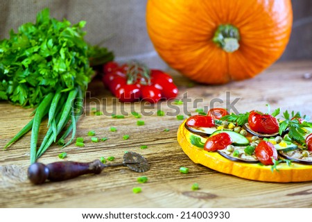 healthy vegetable pizza concept - pizza made of pumpkin and vegetables